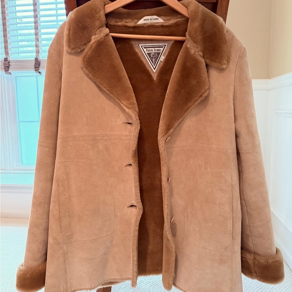 Marvin Richards Tan Suede Shearling Jacket Size L Fits M/L Like New Winter Coat